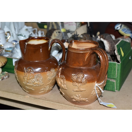 470 - TWO BOXES OF ORNAMENTS AND GLASSWARE, to include two Doulton Lambeth Ware jugs, a Mackinlay's Scotch... 