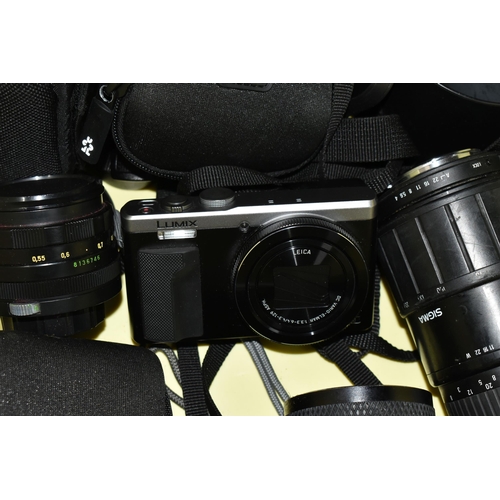 472 - A BOX OF PHOTOGRAPHIC EQUIPMENT ETC AND LARGE BLACK HOLDALL, to include a digital Panasonic DMC-TZ80... 