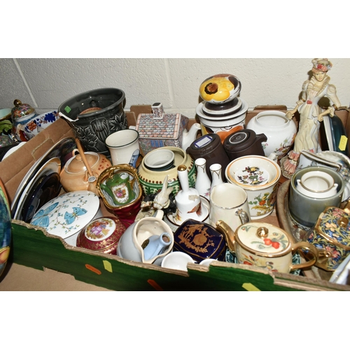 473 - FIVE BOXES OF CERAMICS AND ORNAMENTS, to include a ceramic thimble collection, a late 19th century F... 