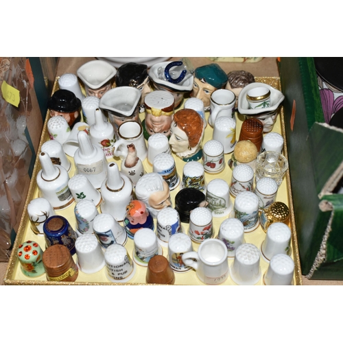 473 - FIVE BOXES OF CERAMICS AND ORNAMENTS, to include a ceramic thimble collection, a late 19th century F... 