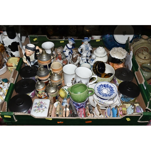 473 - FIVE BOXES OF CERAMICS AND ORNAMENTS, to include a ceramic thimble collection, a late 19th century F... 