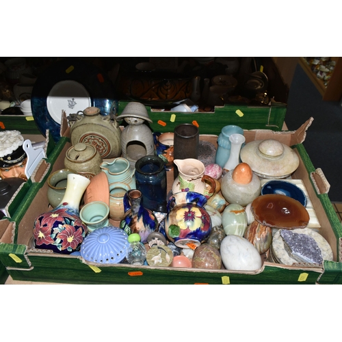 473 - FIVE BOXES OF CERAMICS AND ORNAMENTS, to include a ceramic thimble collection, a late 19th century F... 