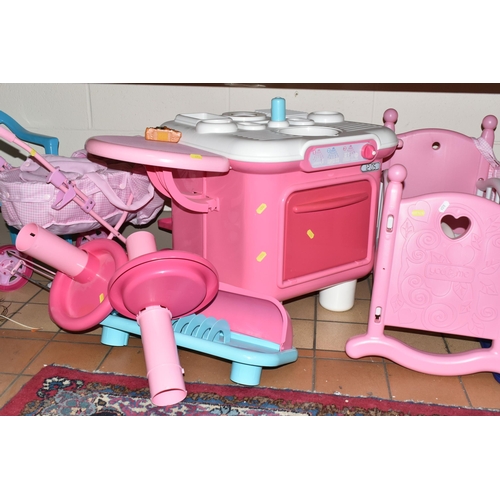 474 - A QUANTITY OF CHILDREN'S PLAY FURNITURE AND EQUIPMENT, comprising a You & Me pink plastic doll's cot... 