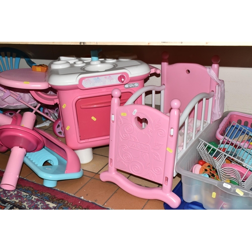 474 - A QUANTITY OF CHILDREN'S PLAY FURNITURE AND EQUIPMENT, comprising a You & Me pink plastic doll's cot... 