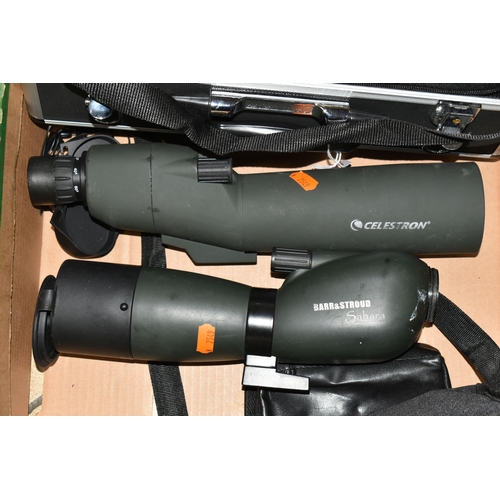 478 - SPOTTING SCOPES AND BINOCULARS ETC, comprising a Celestron 20-60 zoom scope with aluminium case and ... 