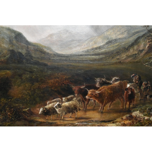 479 - JOHN WESTALL (ACTIVE 1873-1893) A SCOTTISH HIGHLANDS SCENE, cattle and sheep are being driven along ... 