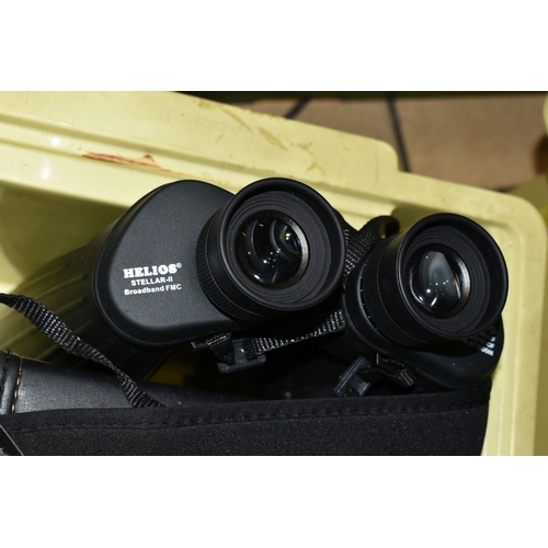 488 - TWO BOXES OF BINOCULARS ETC, comprising Helios 15x70, Helios 30x80, Optica 20x60, Lieberman & Gortz ... 