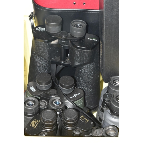 488 - TWO BOXES OF BINOCULARS ETC, comprising Helios 15x70, Helios 30x80, Optica 20x60, Lieberman & Gortz ... 