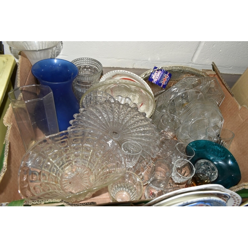 489 - THREE BOXES AND LOOSE CERAMICS AND GLASS WARES, to include a large Tutbury Crystal vase height 25.5c... 