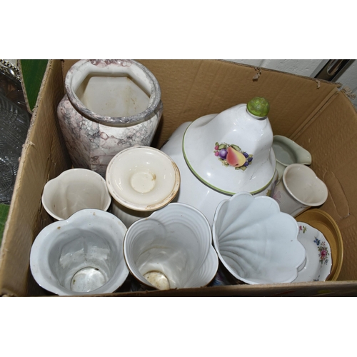 489 - THREE BOXES AND LOOSE CERAMICS AND GLASS WARES, to include a large Tutbury Crystal vase height 25.5c... 