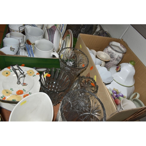 489 - THREE BOXES AND LOOSE CERAMICS AND GLASS WARES, to include a large Tutbury Crystal vase height 25.5c... 