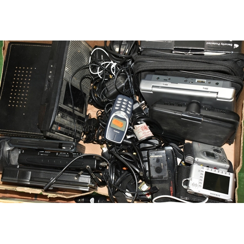 491 - TWO BOXES OF WALKIE TALKIES, RADIOS, CASSETTE RECORDERS, DIGITAL CAMERAS AND OTHER ELECTRONICS, bran... 