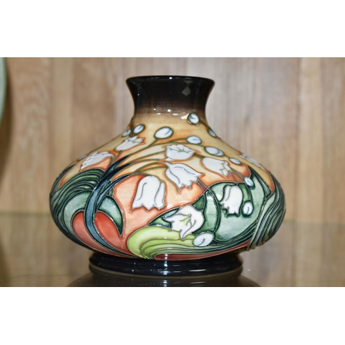 494 - A MOORCROFT POTTERY LIMITED EDITION SQUAT BALUSTER VASE DECORATED WITH A LILY OF THE VALLEY DESIGN, ... 