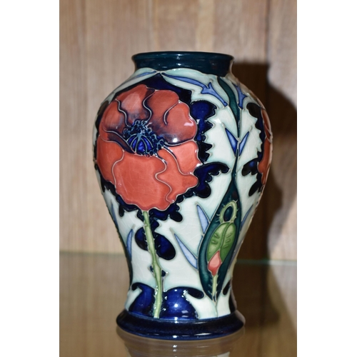 495 - A MOORCROFT POTTERY BALUSTER VASE DECORATED WITH POPPIES ON A PALE GREEN AND DARK BLUE GROUND, circa... 