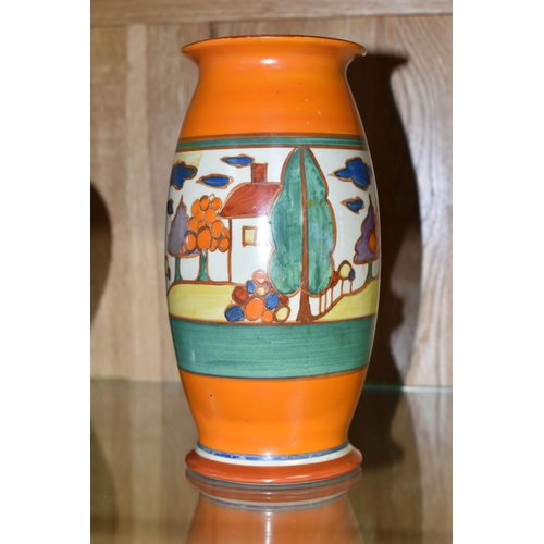 496 - A CLARICE CLIFF FANTASQUE PASTEL TREES AND HOUSE VASE, shape no. 264, printed and impressed marks to... 