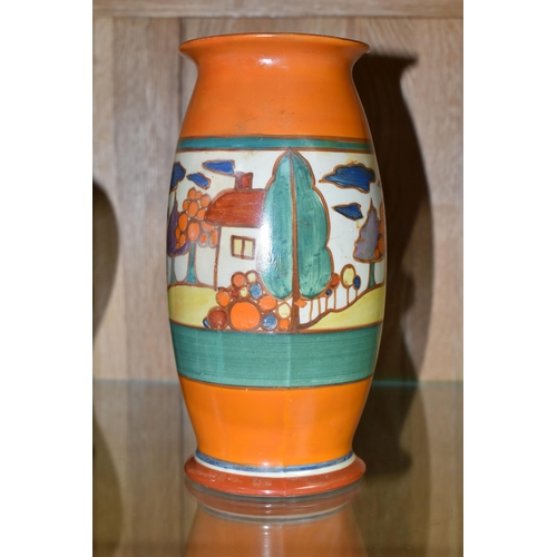 496 - A CLARICE CLIFF FANTASQUE PASTEL TREES AND HOUSE VASE, shape no. 264, printed and impressed marks to... 