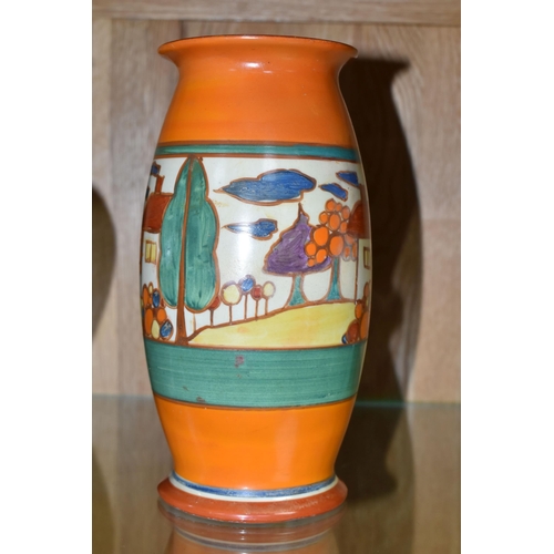 496 - A CLARICE CLIFF FANTASQUE PASTEL TREES AND HOUSE VASE, shape no. 264, printed and impressed marks to... 