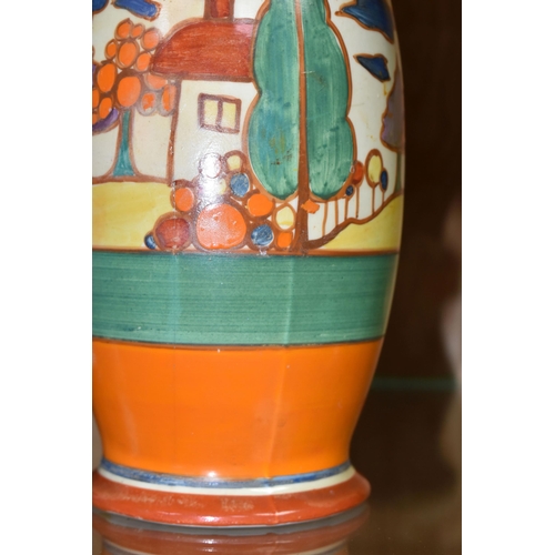 496 - A CLARICE CLIFF FANTASQUE PASTEL TREES AND HOUSE VASE, shape no. 264, printed and impressed marks to... 