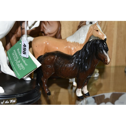 498 - SIX ROYAL DOULTON / BESWICK HORSES / PONIES AND TWO BESWICK OWL LIQUEUR FLASKS, the horses and ponie... 