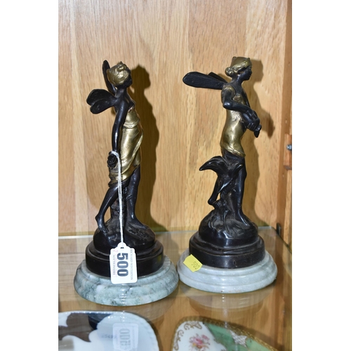 500 - A PAIR OF REPRODUCTION BRONZE AND GILT FIGURES OF FAIRIES AFTER AUGUSTE MOREAU, mounted on stepped c... 