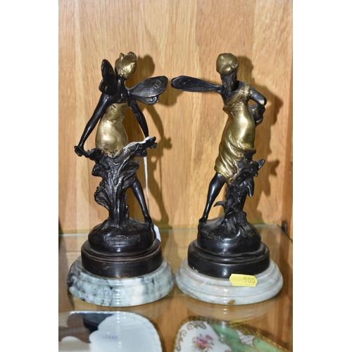 500 - A PAIR OF REPRODUCTION BRONZE AND GILT FIGURES OF FAIRIES AFTER AUGUSTE MOREAU, mounted on stepped c... 