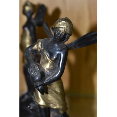 500 - A PAIR OF REPRODUCTION BRONZE AND GILT FIGURES OF FAIRIES AFTER AUGUSTE MOREAU, mounted on stepped c... 