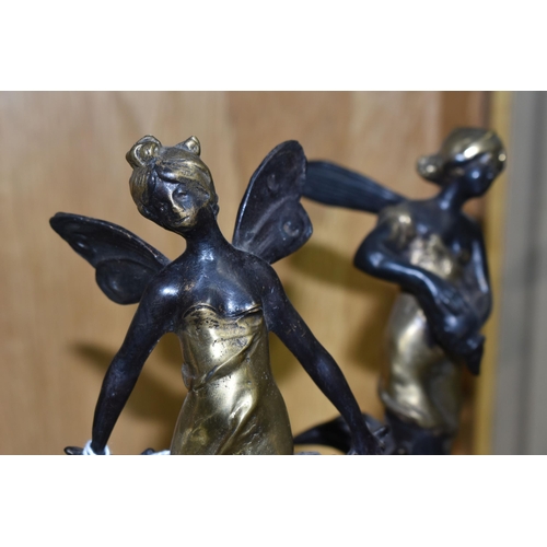 500 - A PAIR OF REPRODUCTION BRONZE AND GILT FIGURES OF FAIRIES AFTER AUGUSTE MOREAU, mounted on stepped c... 