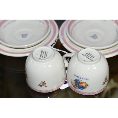 503 - A BOXED WEDGWOOD PETER RABBIT SIX PIECE NURSERY TEA SET, comprising two cups, two saucers and two te... 