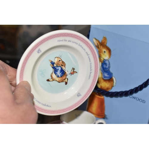 503 - A BOXED WEDGWOOD PETER RABBIT SIX PIECE NURSERY TEA SET, comprising two cups, two saucers and two te... 