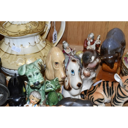 509 - A GROUP OF CERAMICS AND METALWARE, including USSR porcelain tiger cub, height 12.5cm and bear balanc... 