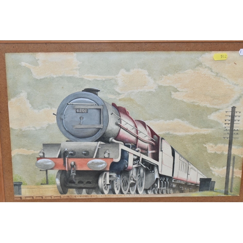 512 - TWO WATERCOLOURS DEPICTING STEAM LOCOMOTIVES, the first depicts a train bearing  number 5677 to the ... 