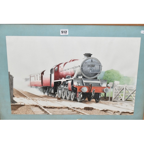 512 - TWO WATERCOLOURS DEPICTING STEAM LOCOMOTIVES, the first depicts a train bearing  number 5677 to the ... 