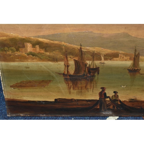 518 - A LATE 19TH CENTURY HARBOUR SCENE, possibly set in the Middle East, depicting figures with fishing n... 