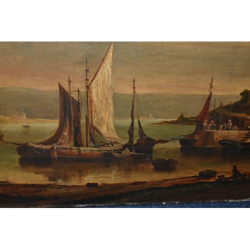 518 - A LATE 19TH CENTURY HARBOUR SCENE, possibly set in the Middle East, depicting figures with fishing n... 