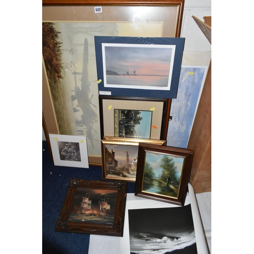 522 - A SMALL QUANTITY OF PAINTINGS AND PRINTS, comprising a maritime ship battle signed Hargreaves, oil o... 