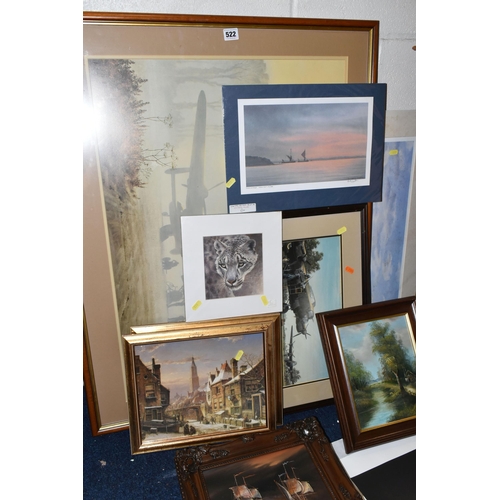 522 - A SMALL QUANTITY OF PAINTINGS AND PRINTS, comprising a maritime ship battle signed Hargreaves, oil o... 