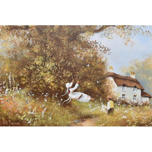 523 - LES PARSON (BRITISH 1945) TWO NOSTALGIC LANDSCAPE OILS ON CANVAS , the first depicts a girl on a swi... 