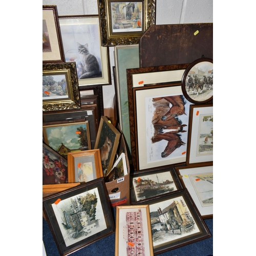 524 - A BOX AND LOOSE ASSORTED PAINTINGS AND PRINTS ETC, to include an oil on canvas depicting a tropical ... 