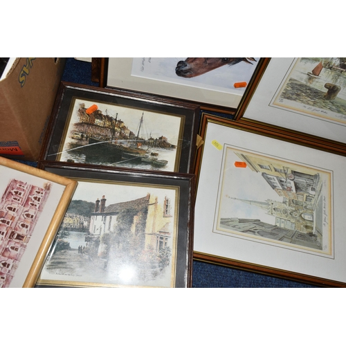 524 - A BOX AND LOOSE ASSORTED PAINTINGS AND PRINTS ETC, to include an oil on canvas depicting a tropical ... 