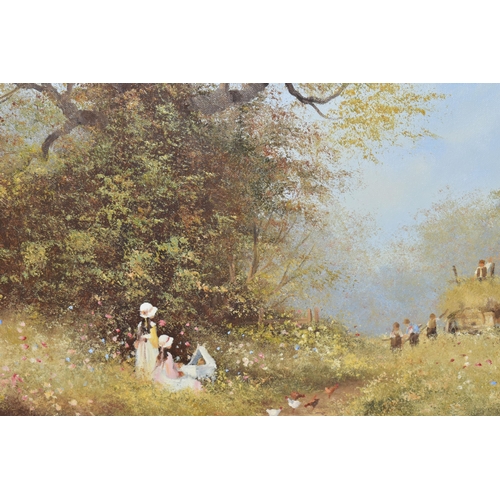 525 - LES PARSON (BRITISH 1945) TWO NOSTALGIC LANDSCAPE OILS ON CANVAS , the first depicts a girl painting... 