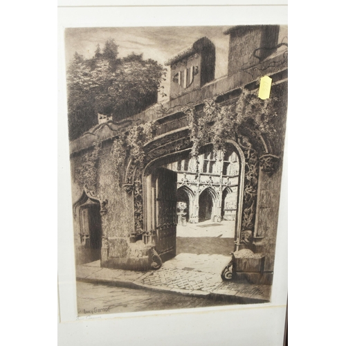 527 - SIX 19TH / 20TH CENTURY FRAMED ETCHINGS, comprising Lucy Garnot 'Cluny' depicting an archway of Clun... 