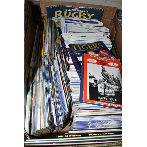 530 - FOUR BOXES OF RUGBY UNION BOOKS & PROGRAMMES to include several hundred match day programmes, a larg... 