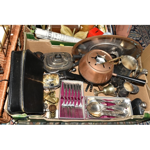 539 - TWO BOXES AND LOOSE METALWARES, BASKETS, FISHING ROD AND SUNDRY ITEMS, to include boxed Elkington Pl... 