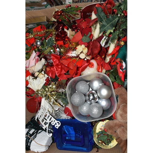 546 - THREE BOXES OF ASSORTED CHRISTMAS DECORATIONS AND A BOXED ARTIFICIAL 4FT CHRISTMAS TREE, including b... 