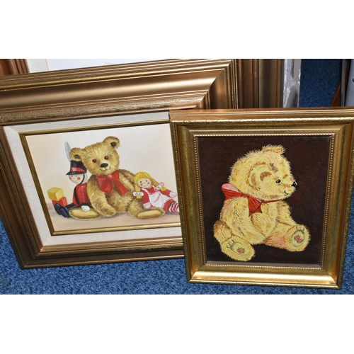 555 - TEDDY BEAR THEMED PAINTINGS AND PRINTS, comprising two oils on canvas signed Sandra, depicting a bea... 