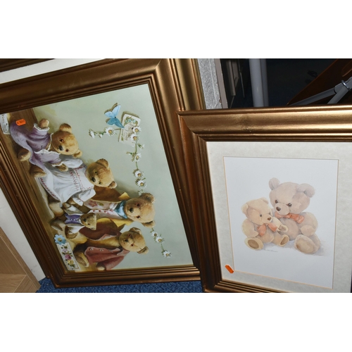 555 - TEDDY BEAR THEMED PAINTINGS AND PRINTS, comprising two oils on canvas signed Sandra, depicting a bea... 