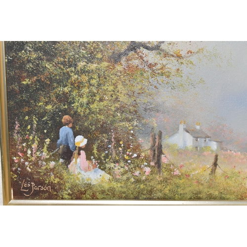 556 - LES PARSON (BRITISH 1945) THREE NOSTALGIC OILS ON CANVAS, depicting a boy and girl looking towards a... 