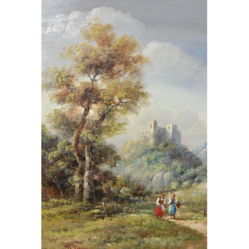 557 - TWO 19TH CENTURY STYLE CONTINENTAL LANDSCAPES, depicting a female figure with sheep and two females ... 