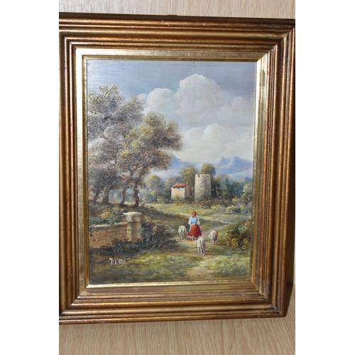 557 - TWO 19TH CENTURY STYLE CONTINENTAL LANDSCAPES, depicting a female figure with sheep and two females ... 