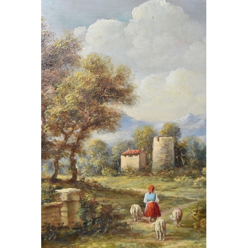 557 - TWO 19TH CENTURY STYLE CONTINENTAL LANDSCAPES, depicting a female figure with sheep and two females ... 